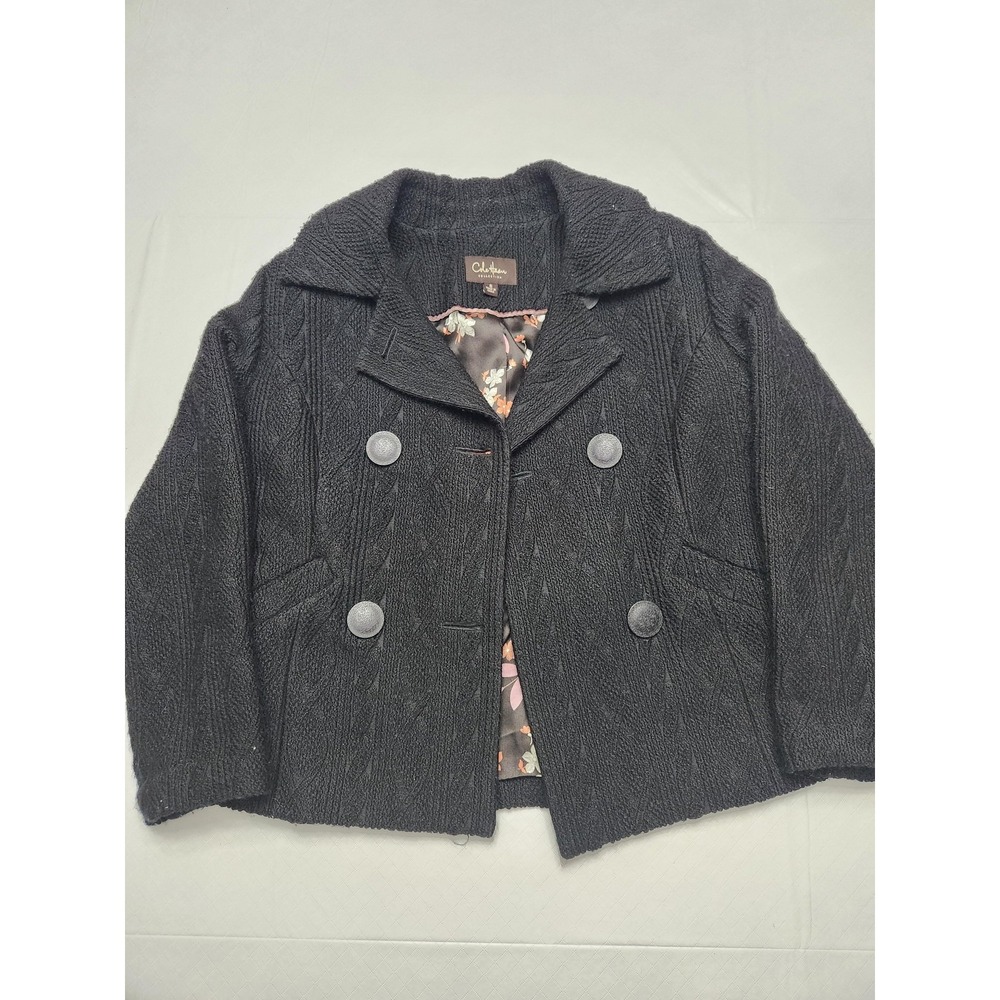Cole Haan Pea Coat Womens 6 Black Wool Cable Knit Floral Lined IMC3265-BLK